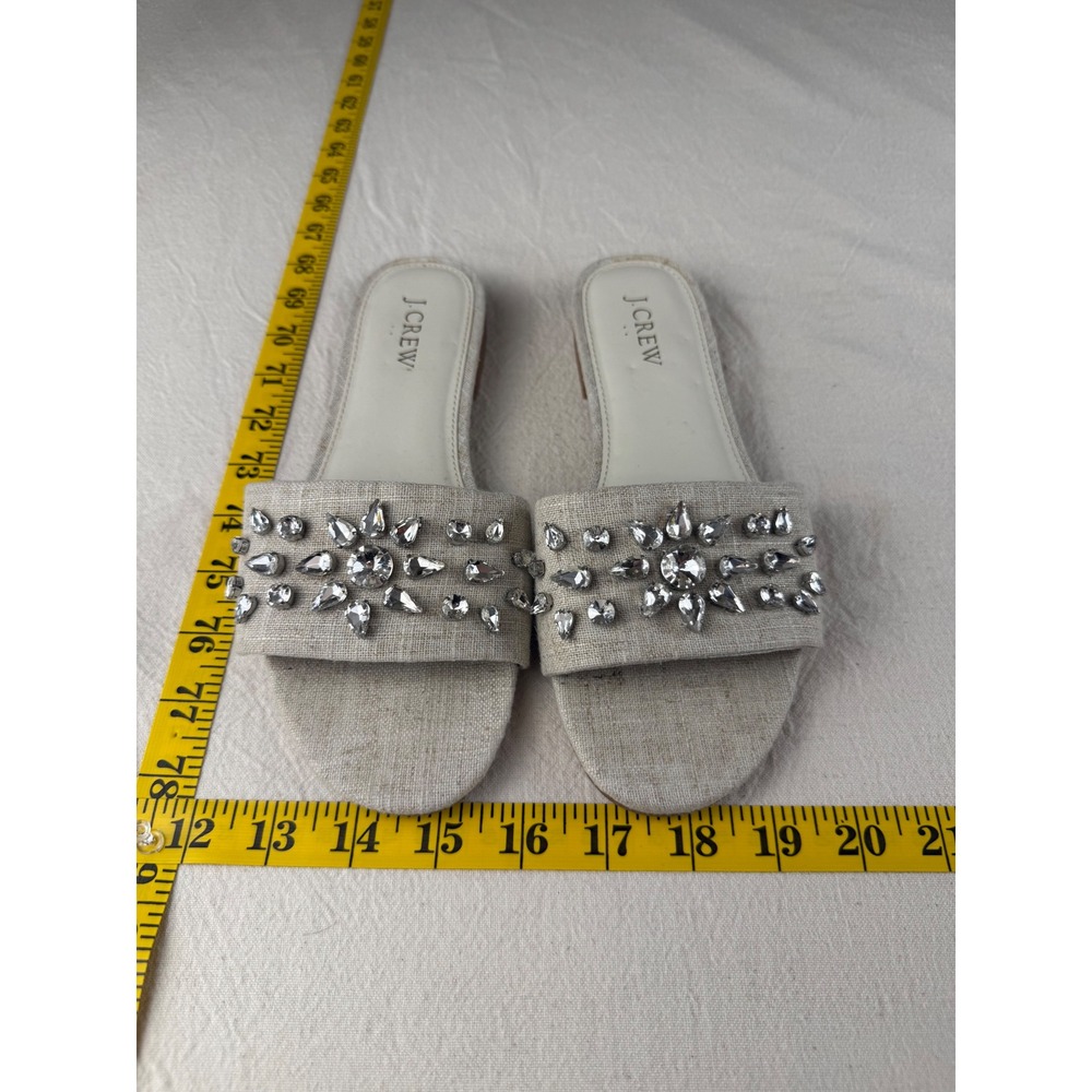 J.Crew Slide Sandals Women Sz 7 Beige Linen Chic Crystal Embellished Flat Mules